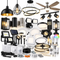 An assortment of indoor and outdoor lighting fixtures, including pendant lights, a ceiling fan, wall sconces, security lights, recessed lights, solar pathway lights, LED strip lights, smart bulbs, and light switches on a white background.