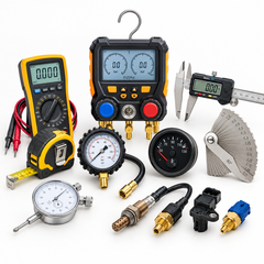 Automotive diagnostic and measuring tools, including a digital multimeter, digital manifold gauge, pressure gauges, digital calipers, oxygen sensors, and a tape measure on a white background.