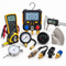Automotive diagnostic and measuring tools, including a digital multimeter, digital manifold gauge, pressure gauges, digital calipers, oxygen sensors, and a tape measure on a white background.