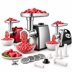 Kiwi Shack heavy-duty electric meat grinders with multiple grinding plates, sausage stuffers, cutting blades, and raw meat preparation sets.