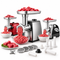 Kiwi Shack heavy-duty electric meat grinders with multiple grinding plates, sausage stuffers, cutting blades, and raw meat preparation sets.