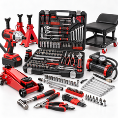 Kiwi Shack ultimate automotive mechanic tool kit with hydraulic floor jack, jack stands, cordless impact wrench, creeper seat, and large socket and wrench organizer set.