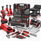 Kiwi Shack ultimate automotive mechanic tool kit with hydraulic floor jack, jack stands, cordless impact wrench, creeper seat, and large socket and wrench organizer set.