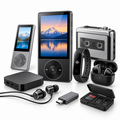 Kiwi Shack comprehensive electronics bundle featuring digital MP3 players, Bluetooth earbuds, fitness watch, audio adapters, and retro cassette player.