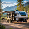 RV parked in a forest with mountains in the background