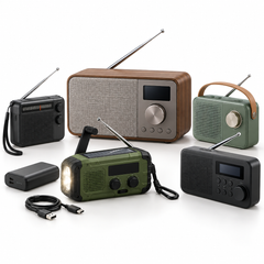 A collection of portable radios, emergency hand-crank radios, a power bank, and charging cables against a white background.