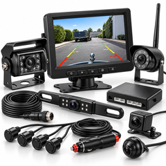 A vehicle backup camera kit with a display monitor, multiple cameras, reverse sensors, connecting cables, a control box, and a cigarette lighter power adapter against a white background.