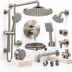 A brushed nickel shower system kit with a large overhead rain shower head, slide bar hand shower, control valve trim, shower hose, water outlet, and mounting accessories against a white background.