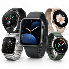 A collection of five smartwatches in various rectangular and round designs with different strap options including silicone, metal mesh, and woven bands, set against a white background.