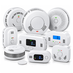 An assortment of white smoke alarms and digital carbon monoxide detectors with LCD ppm screens and indicator lights.