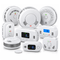 An assortment of white smoke alarms and digital carbon monoxide detectors with LCD ppm screens and indicator lights.