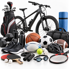 An assortment of sports and fitness equipment, including a mountain bike, golf bag, gym bag, dumbbells, running shoes, balls for various sports, a helmet, a tennis racket, ping-pong paddles, and yoga mat on a white background.