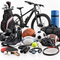 An assortment of sports and fitness equipment, including a mountain bike, golf bag, gym bag, dumbbells, running shoes, balls for various sports, a helmet, a tennis racket, ping-pong paddles, and yoga mat on a white background.