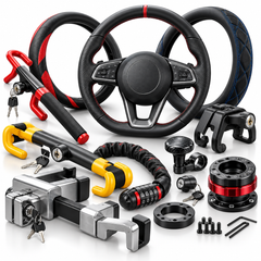 An assortment of automotive accessories including steering wheels, steering wheel covers, anti-theft security locks, quick release hubs, and hardware fasteners.