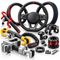An assortment of automotive accessories including steering wheels, steering wheel covers, anti-theft security locks, quick release hubs, and hardware fasteners.
