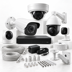 A security camera kit with various cameras, an NVR box, cables, and mounting hardware against a white background.