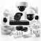 A security camera kit with various cameras, an NVR box, cables, and mounting hardware against a white background.