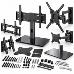 An assortment of TV wall mounts, tabletop stands, and mounting hardware kits.