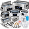 An assortment of digital ultrasonic cleaners with cleaning baskets, accessories, and cleaning solution.