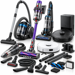 An assortment of vacuum cleaners including stick vacuums, robotic vacuums, uprights, cylinder vacuums, and handheld vacs with various cleaning attachments.