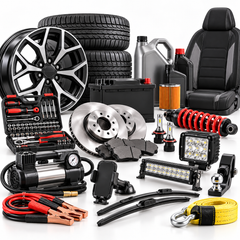 An assortment of automotive parts and accessories, including tires, a wheel rim, a car seat, a car battery, oil cans, brake discs and pads, a suspension spring, LED light bars, a tire inflator, jumper cables, wiper blades, a tool kit, and a tow strap.