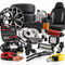An assortment of automotive parts and accessories, including tires, a wheel rim, a car seat, a car battery, oil cans, brake discs and pads, a suspension spring, LED light bars, a tire inflator, jumper cables, wiper blades, a tool kit, and a tow strap.