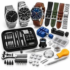 An assortment of wristwatches, replacement bands, and a comprehensive watch repair tool kit featuring case openers, screwdrivers, pin removers, and batteries.