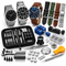 An assortment of wristwatches, replacement bands, and a comprehensive watch repair tool kit featuring case openers, screwdrivers, pin removers, and batteries.