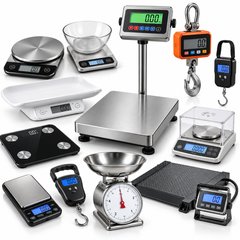 An assortment of digital and mechanical weighing scales, including kitchen scales, platform scales, hanging scales, and precision laboratory balances.
