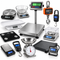 An assortment of digital and mechanical weighing scales, including kitchen scales, platform scales, hanging scales, and precision laboratory balances.