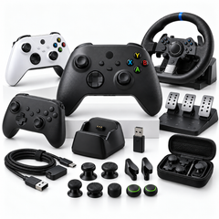 Alt Text: An assortment of gaming accessories including game controllers, a racing steering wheel and pedals, charging dock, cables, and thumbstick grips.