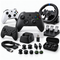 Alt Text: An assortment of gaming accessories including game controllers, a racing steering wheel and pedals, charging dock, cables, and thumbstick grips.