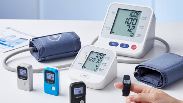 Blood pressure monitor with digital display and cuffs on a light surface.