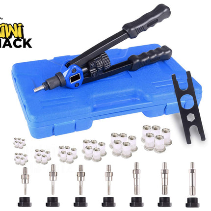 Kiwi Shack tool set with blue case, black tool, and various components on a white background