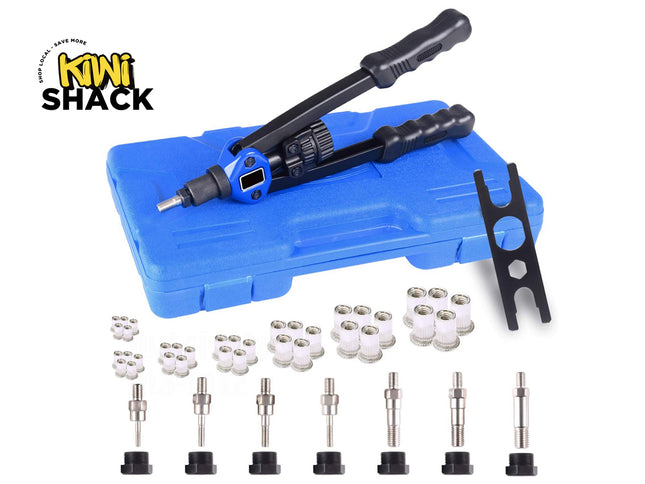Kiwi Shack tool set with blue case, black tool, and various components on a white background