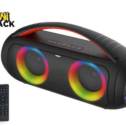 Black portable speaker with colorful LED lights, microphone, and remote control on a white background. KIWI SHACK logo visible.