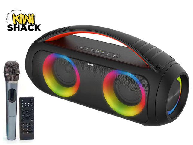 Black portable speaker with colorful LED lights, microphone, and remote control on a white background. KIWI SHACK logo visible.