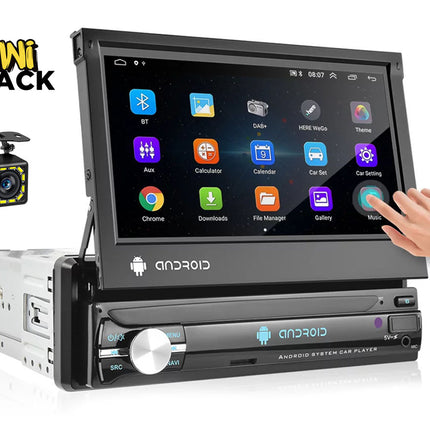 Car stereo system with touchscreen display and camera, featuring Kiwi Shack branding.