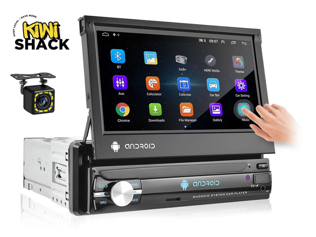 Car stereo system with touchscreen display and camera, featuring Kiwi Shack branding.