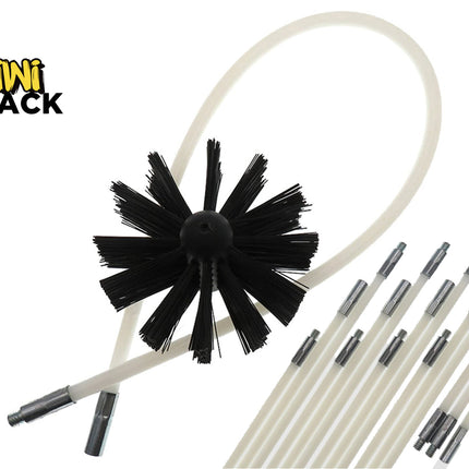 Flexible chimney / dryer vent cleaning brush kit featuring a flexible white/off-white threaded rod bent in a loop, a round black dense-bristle brush head attached near the center, multiple rigid/semi-flexible white extension rods with threaded metal male/female connectors arranged in a bundle on the lower right, and the Kiwi Shack logo watermark in the top left.