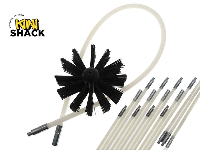 Flexible chimney / dryer vent cleaning brush kit featuring a flexible white/off-white threaded rod bent in a loop, a round black dense-bristle brush head attached near the center, multiple rigid/semi-flexible white extension rods with threaded metal male/female connectors arranged in a bundle on the lower right, and the Kiwi Shack logo watermark in the top left.