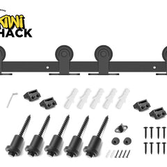 Barn door hardware set with screws and brackets on a white background, featuring the Kiwi Shack logo.