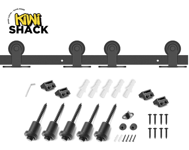 Barn door hardware set with screws and brackets on a white background, featuring the Kiwi Shack logo.