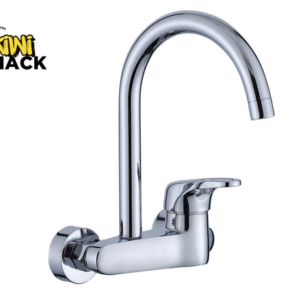 Chrome kitchen faucet on a white background with 'Kiwi Shack' logo.