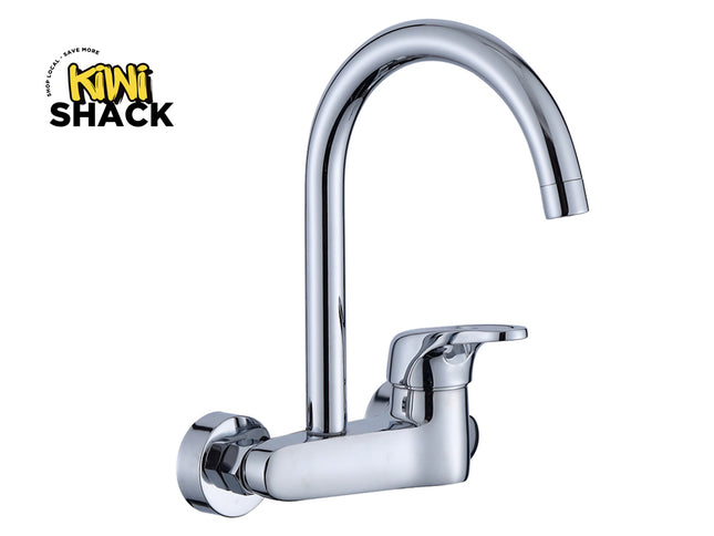 Chrome kitchen faucet on a white background with 'Kiwi Shack' logo.