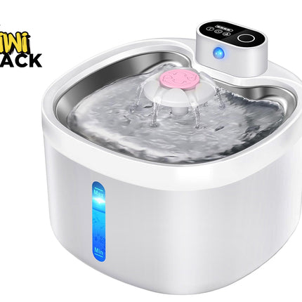 Pet water fountain with digital display on a white background, branded with Kiwi Shack.