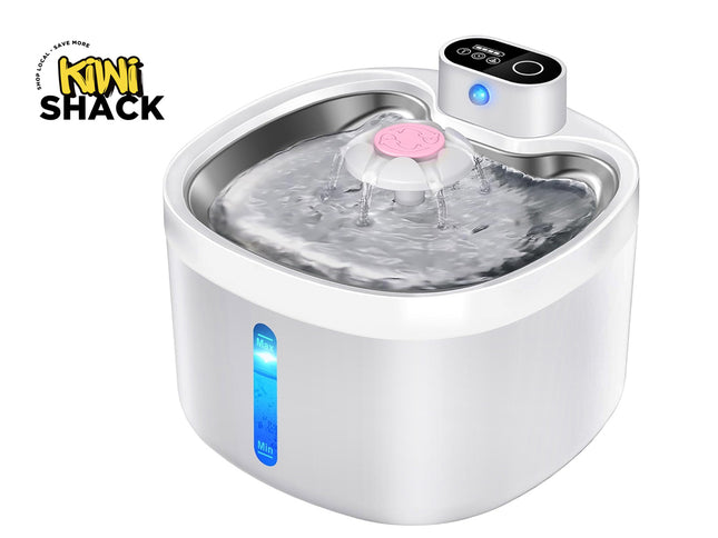 Pet water fountain with digital display on a white background, branded with Kiwi Shack.