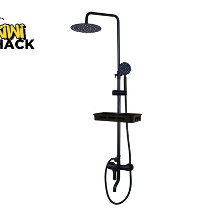 Black shower system with handheld shower head and hose on a white background, featuring the Kiwi Shack logo.