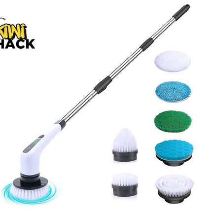 Cleaning tool with extendable handle and multiple brush heads on a white background, featuring Kiwi Shack brand.