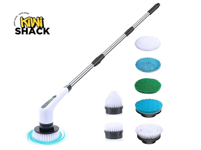 Cleaning tool with extendable handle and multiple brush heads on a white background, featuring Kiwi Shack brand.